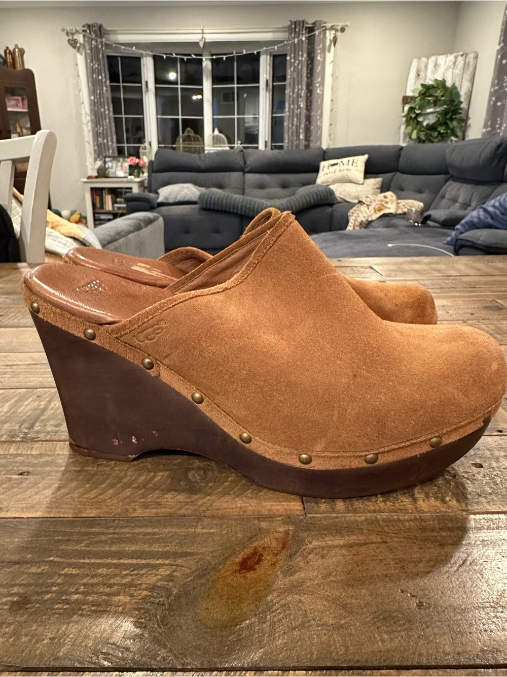 UGG Marsalis Clog in Chestnut Suede Wooden Platform Wedge Size 12